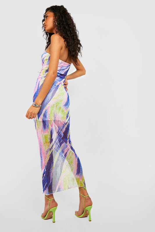 Abstract Mesh Bandeau Maxi Dress Hot Pink