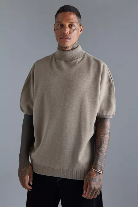 Oversized Drop Shoulder Mock Neck Knitted T-Shirt