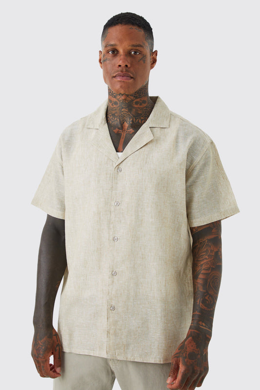 Short Sleeve Oversized Linen Look Revere Shirt