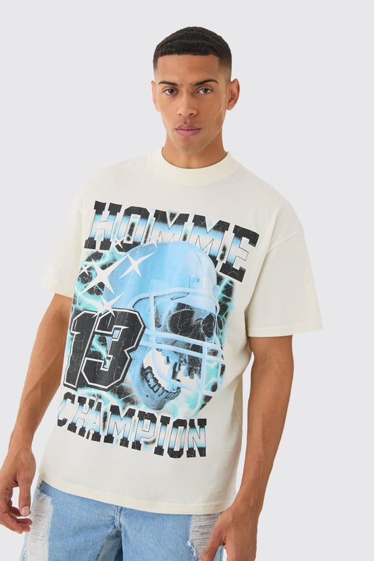 Oversized Extended Neck Varsity Helmet Wash Print T-shirt