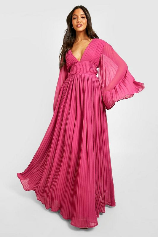 Boohoo Magenta ruwan hoda Bridesmaid Pleated Chiffon Maxi Dress